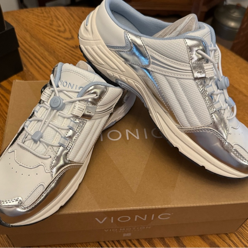 Vionic Women's Metallic Silver and White Sneakers slip on mules.